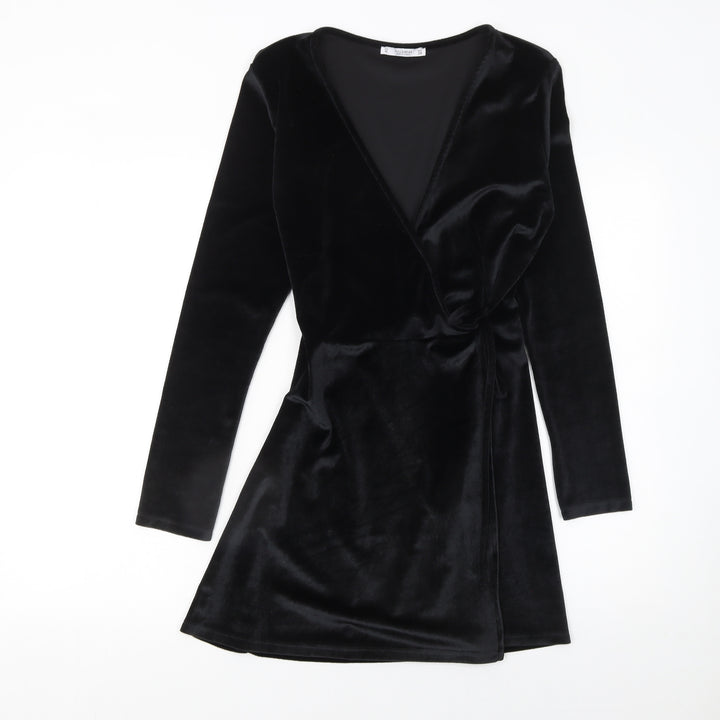 Pull & Bear Women’s Black Velvet Wrap Mini Dress Size 12 Long Sleeve Party