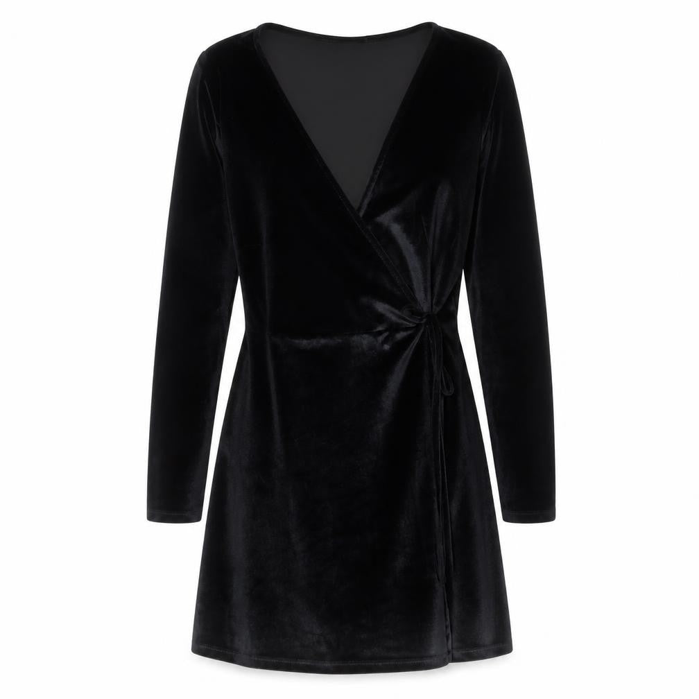 Pull & Bear Women’s Black Velvet Wrap Mini Dress Size 12 Long Sleeve Party