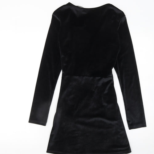 Pull & Bear Women’s Black Velvet Wrap Mini Dress Size 12 Long Sleeve Party