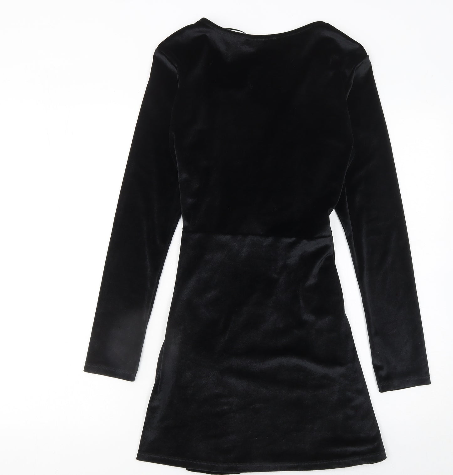 Pull & Bear Women’s Black Velvet Wrap Mini Dress Size 12 Long Sleeve Party