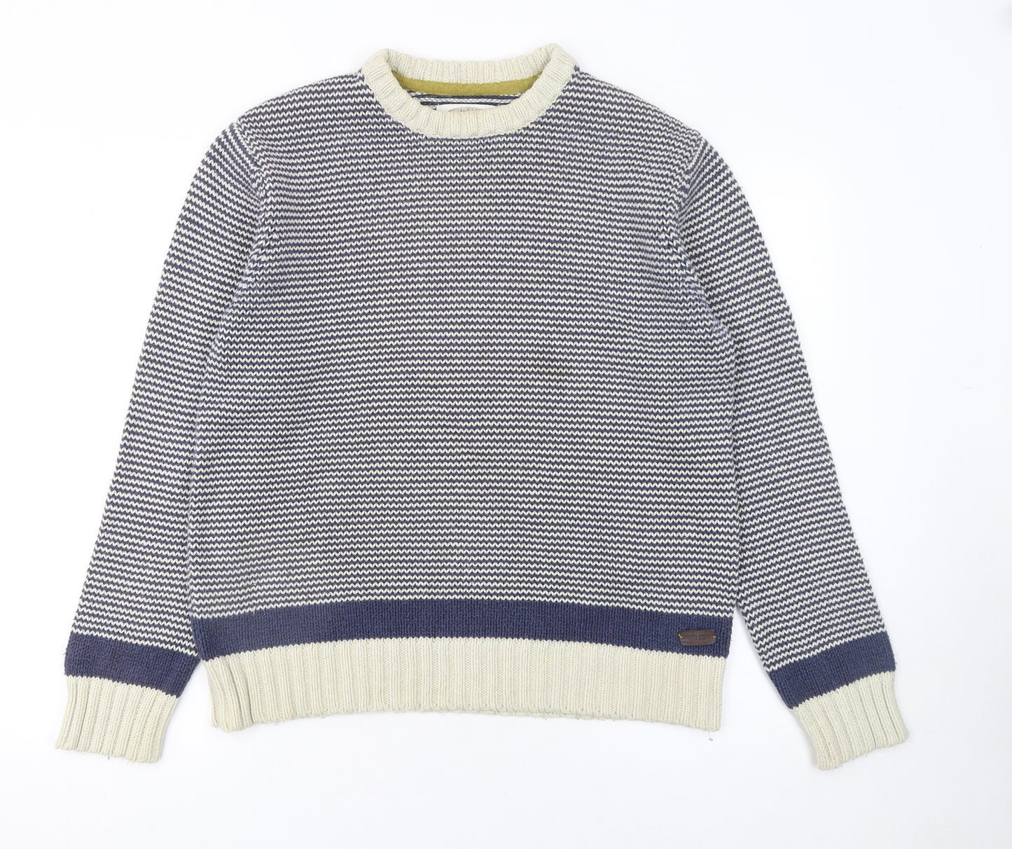 White Stuff Men's Blue Striped Cotton Knit Jumper Medium Crew Neck
