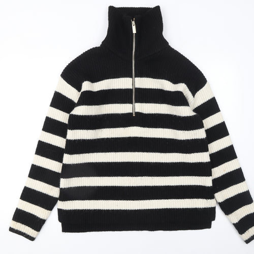 NEXT Girls Black & Ivory Striped 1/2 Zip Ribbed Jumper 15 Years
