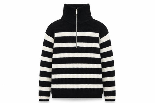 Front view of Next girls’ black & ivory striped 1/2 zip ribbed jumper 15 years