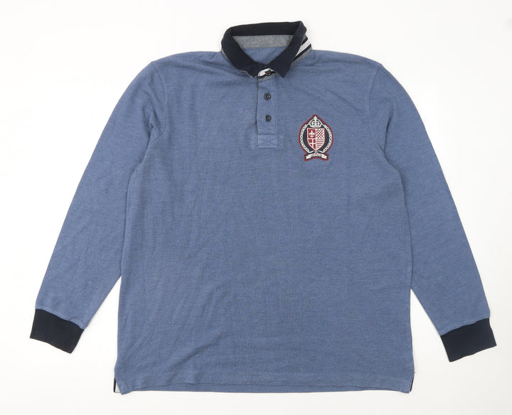 Avenue Men's Blue Long Sleeve Polo Shirt Size L Cotton Blend