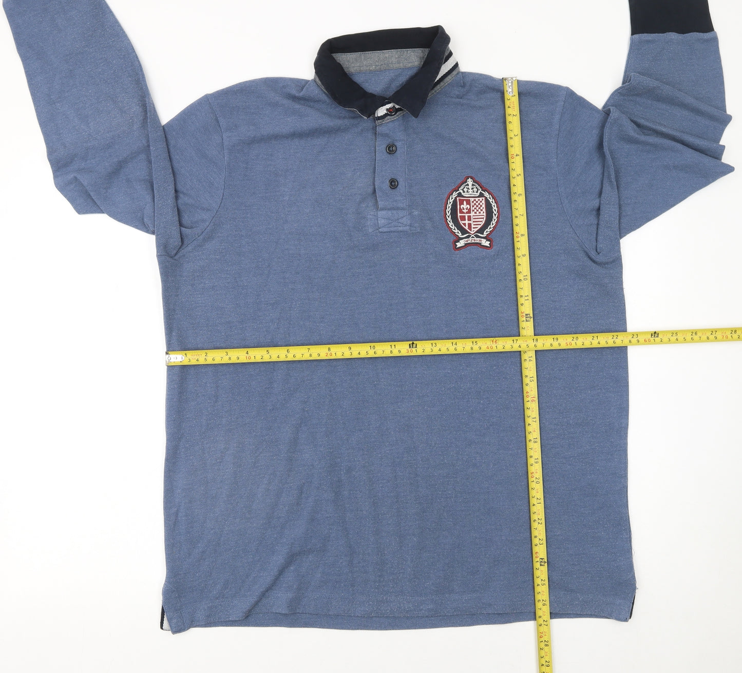 Avenue Men's Blue Long Sleeve Polo Shirt Size L Cotton Blend