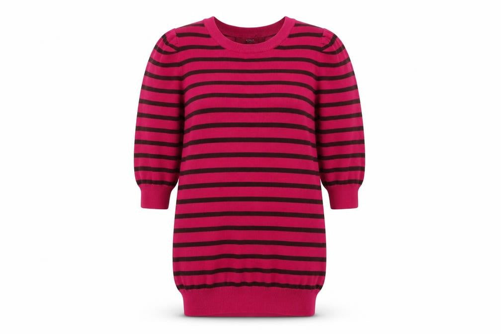 Front view of Next Women’s Pink Striped 3/4 Sleeve Crew Neck jumper, size UK 10