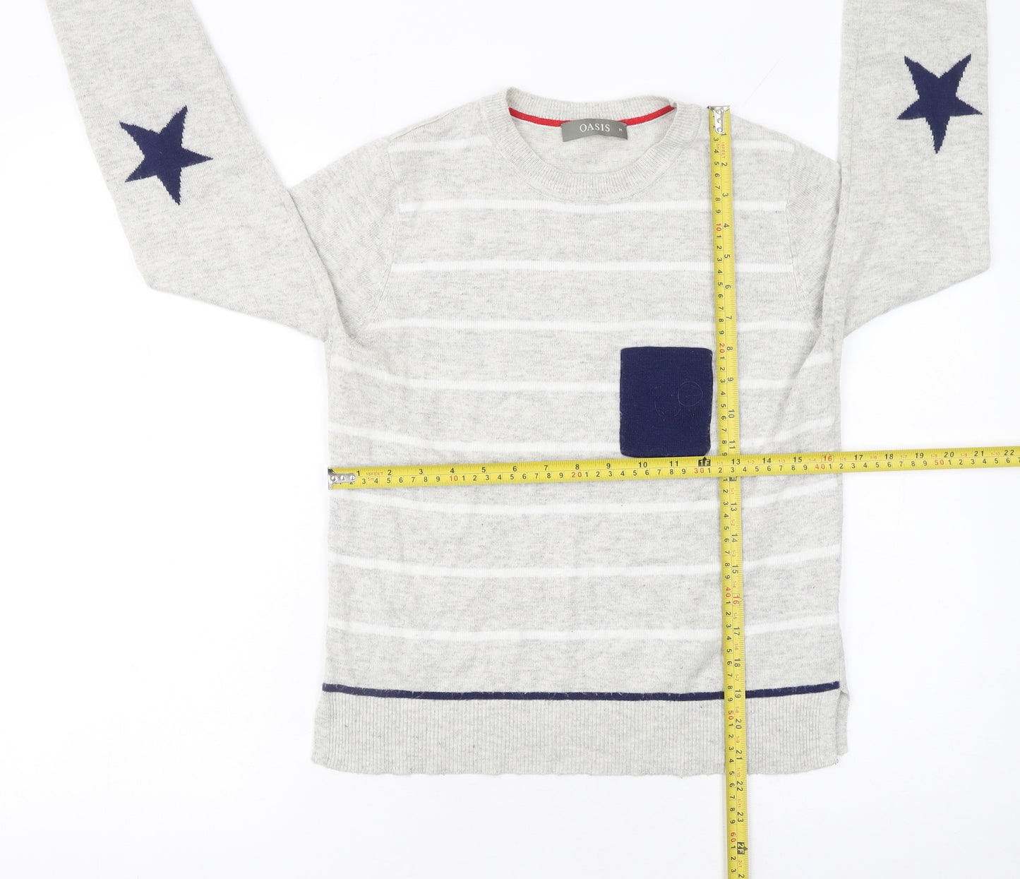 Oasis Women’s Grey Striped Star Jumper Size M Crew Neck Pullover