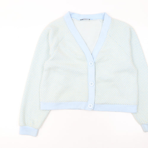 ZARA Women Blue Check V-Neck Button Cardigan Size M
