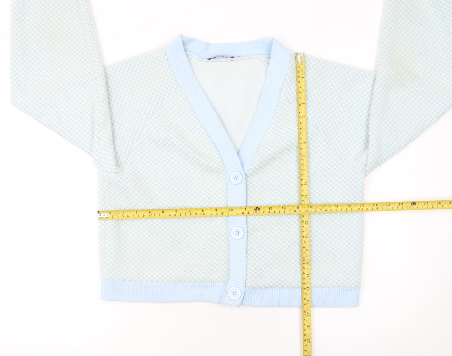 ZARA Women Blue Check V-Neck Button Cardigan Size M