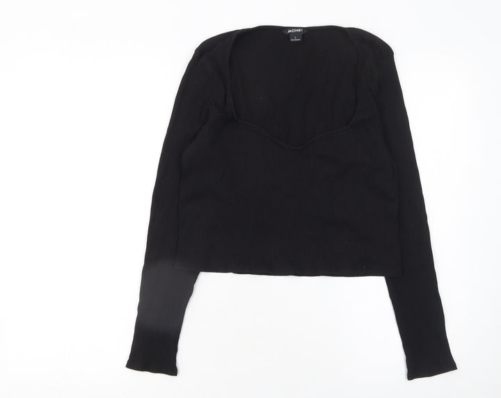Monki Women’s Black Cropped Long Sleeve Sweetheart Top Size L Cotton Blend
