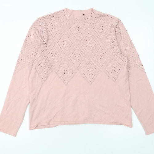 Roman Womens Pink Mock Neck Rhinestone Knit Jumper Size 14