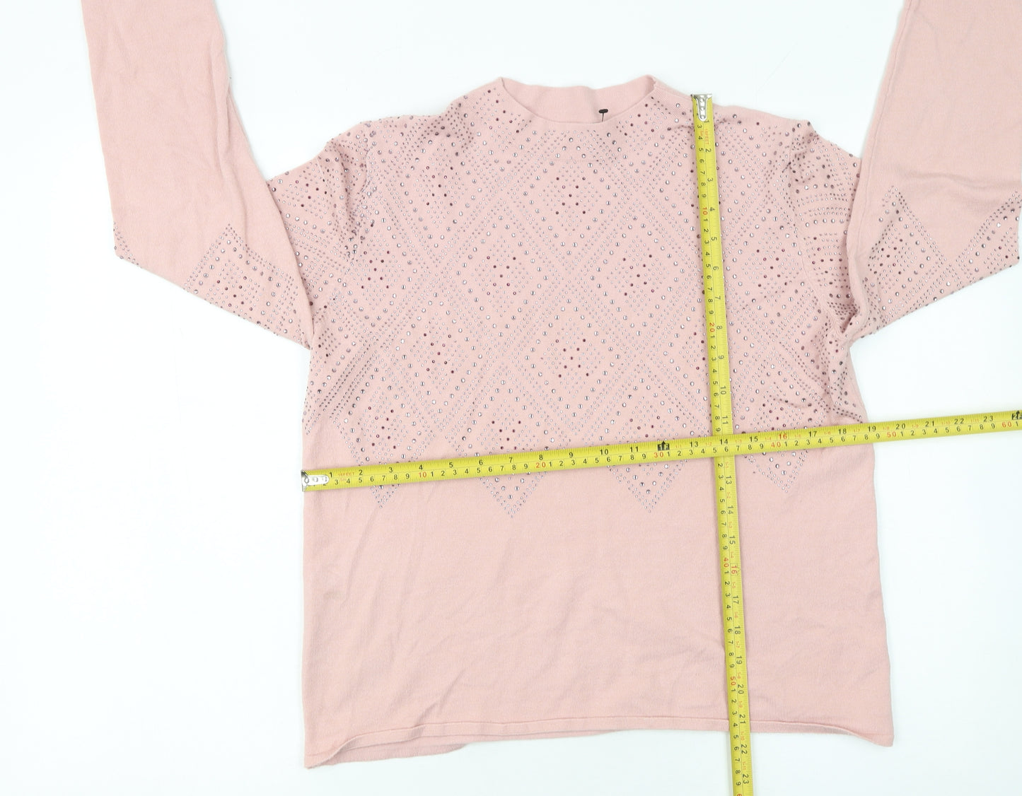 Roman Womens Pink Mock Neck Rhinestone Knit Jumper Size 14