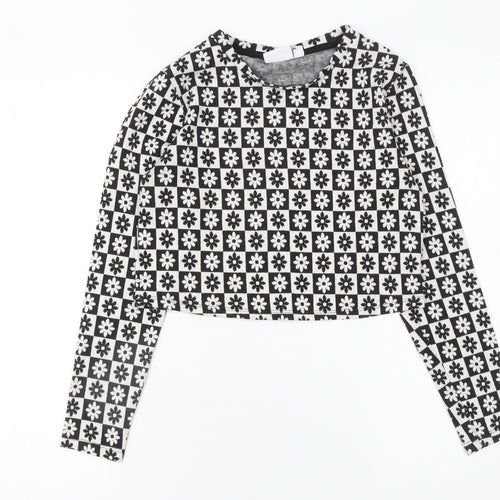 Vila Women Black Floral Geometric Cropped Long Sleeve Top Size 12