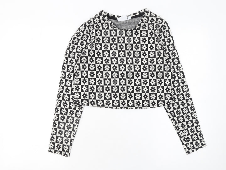 Vila Women Black Floral Geometric Cropped Long Sleeve Top Size 12
