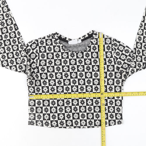 Vila Women Black Floral Geometric Cropped Long Sleeve Top Size 12