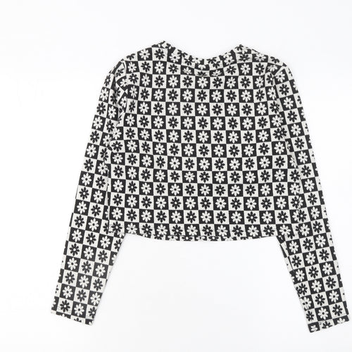 Vila Women Black Floral Geometric Cropped Long Sleeve Top Size 12