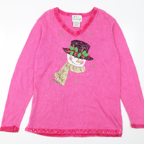 The Quacker Factory Womens Pink Sequin Snowman V-Neck Jumper Small