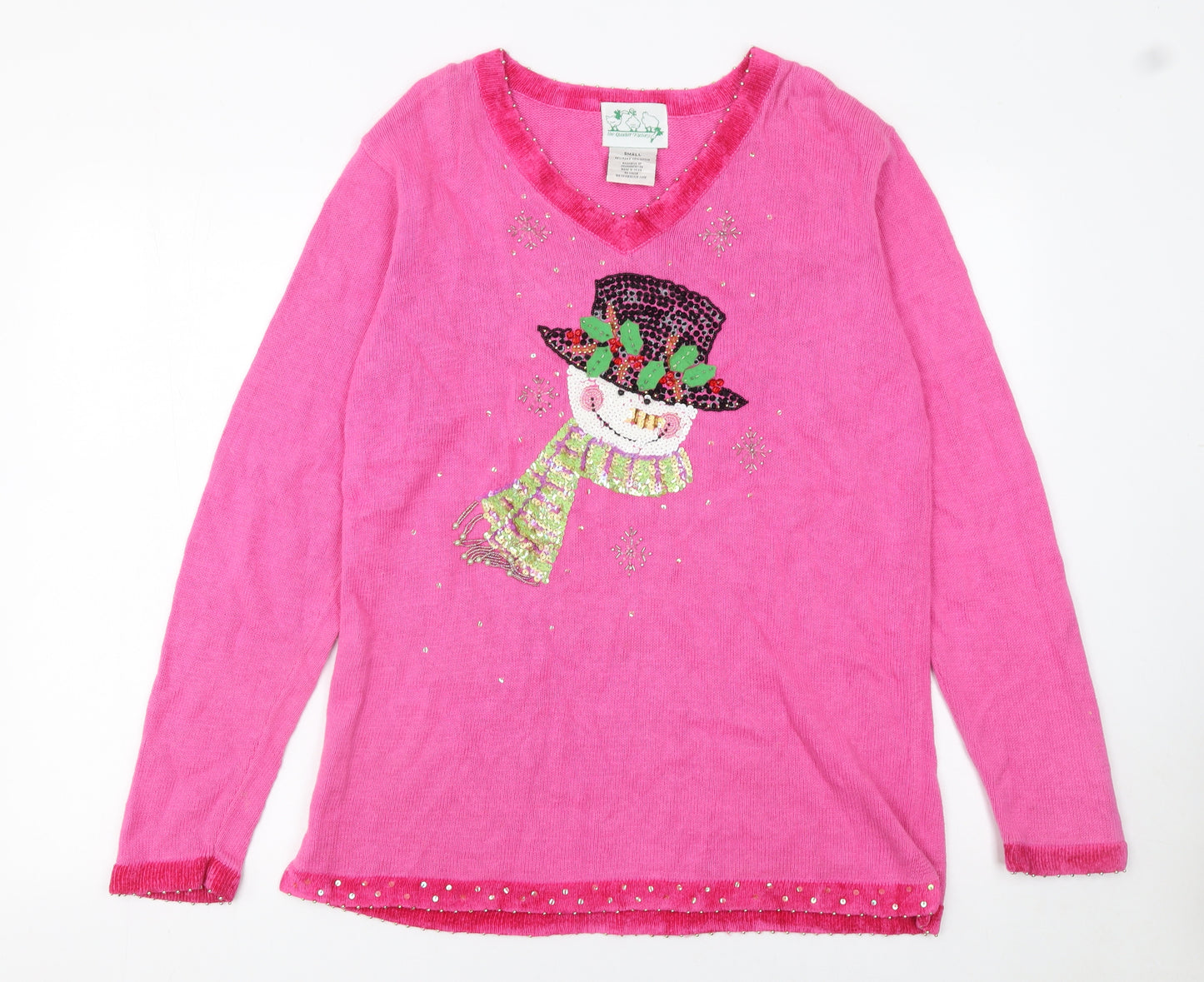 The Quacker Factory Womens Pink Sequin Snowman V-Neck Jumper Small