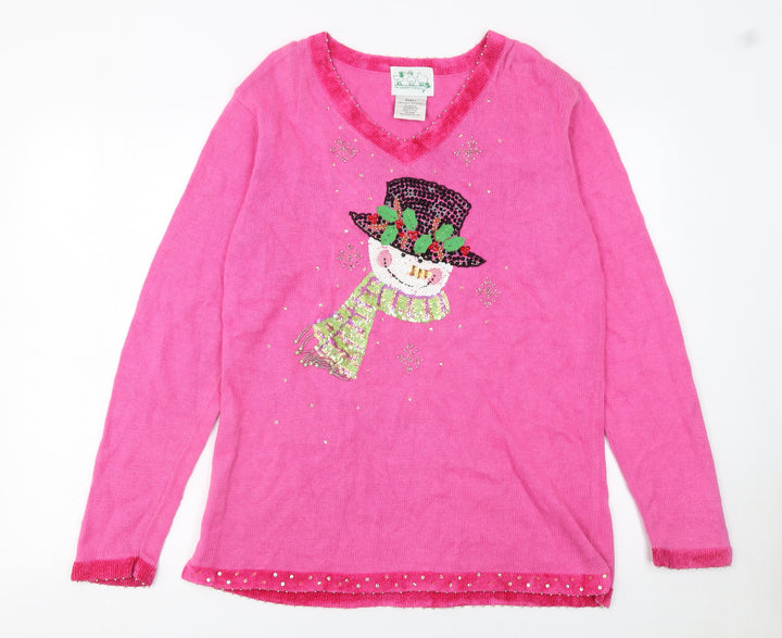 The Quacker Factory Womens Pink Sequin Snowman V-Neck Jumper Small
