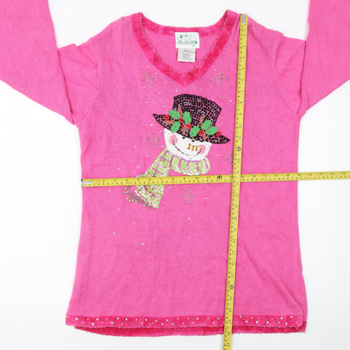The Quacker Factory Womens Pink Sequin Snowman V-Neck Jumper Small