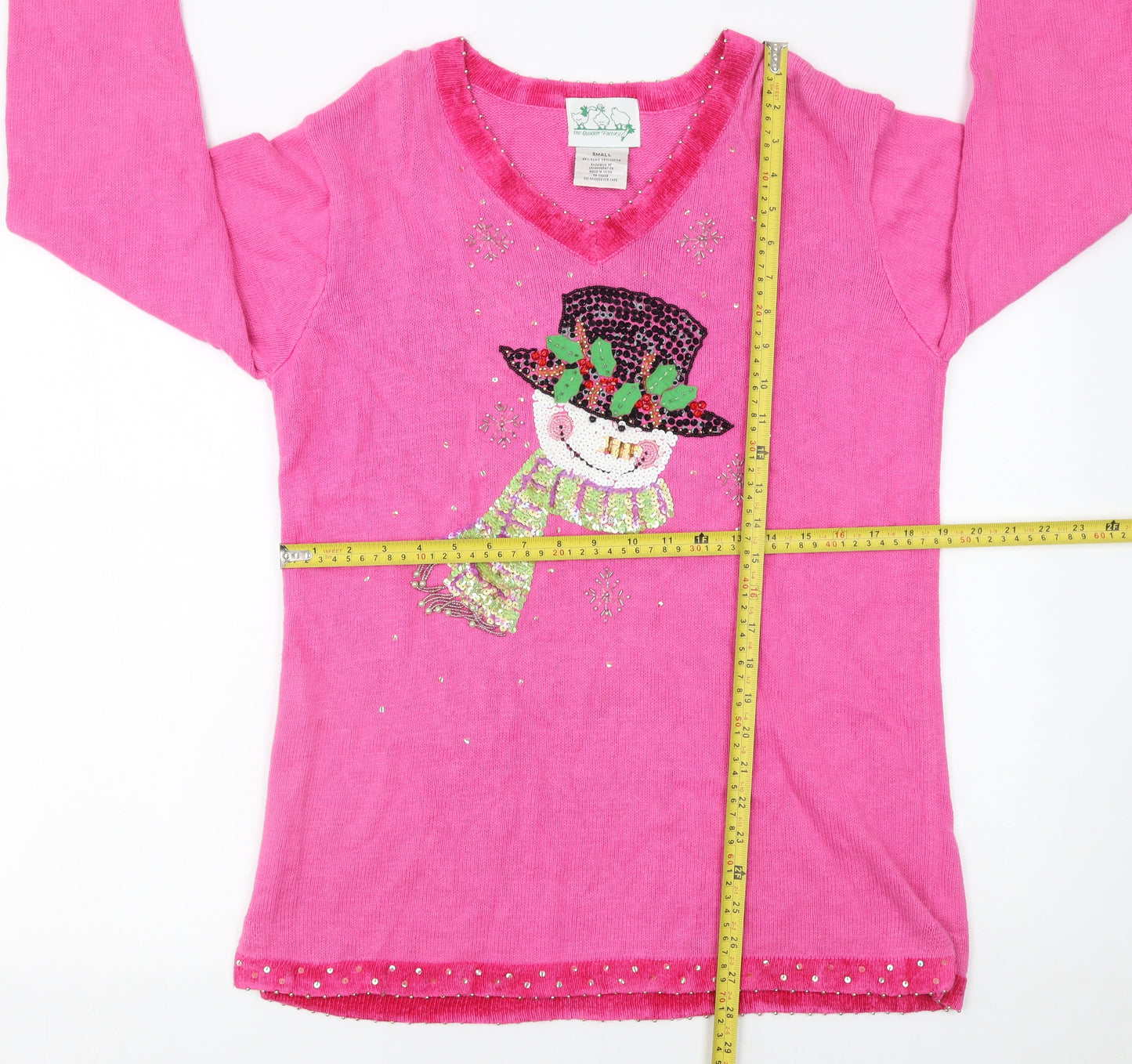 The Quacker Factory Womens Pink Sequin Snowman V-Neck Jumper Small
