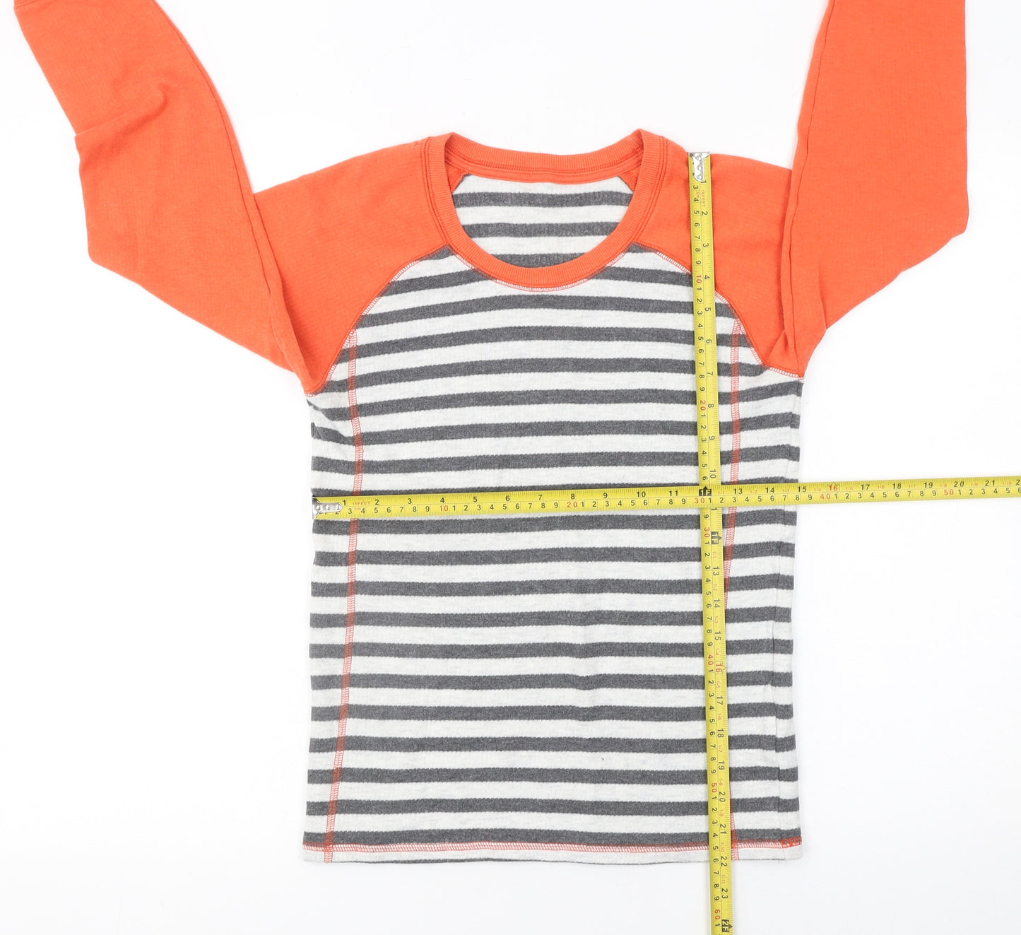 Marks and Spencer Boys Orange & Grey Striped Long Sleeve Cotton T-Shirt 6-7 Years