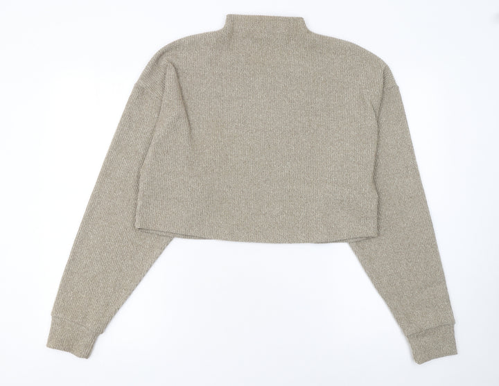 Bershka Women Beige Mock Neck Knit Pullover Jumper Size 12