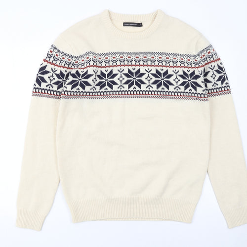French Connection Men's Beige Fair Isle Wool Blend Jumper Size M