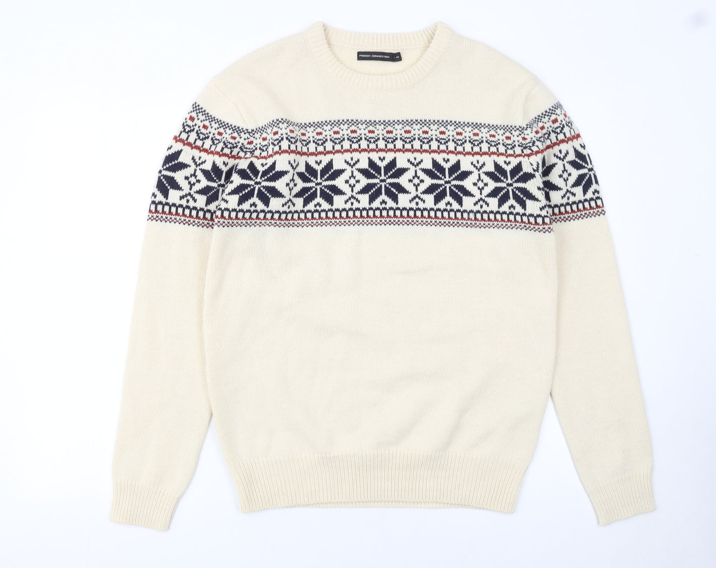 French Connection Men's Beige Fair Isle Wool Blend Jumper Size M