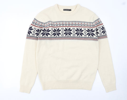 French Connection Men's Beige Fair Isle Wool Blend Jumper Size M