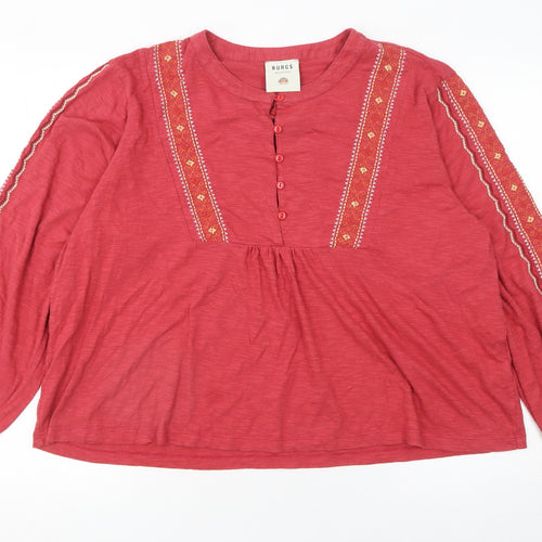 Burgs Women Red Embroidered Long Sleeve Blouse UK 16 Cotton Modal