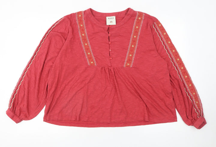 Burgs Women Red Embroidered Long Sleeve Blouse UK 16 Cotton Modal