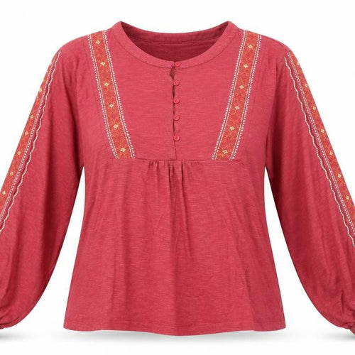 Burgs Women Red Embroidered Long Sleeve Blouse UK 16 Cotton Modal