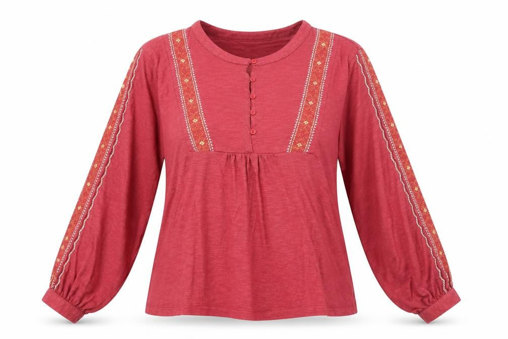 Burgs Women Red Embroidered Long Sleeve Blouse UK 16 Cotton Modal