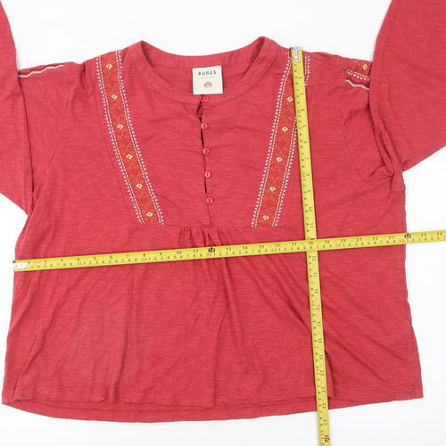 Burgs Women Red Embroidered Long Sleeve Blouse UK 16 Cotton Modal