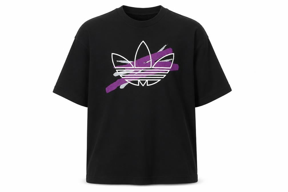 Front view of adidas Men’s Black Graphic Cotton T-Shirt, size S, Regular Fit