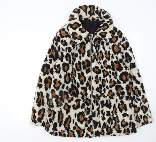 Topshop Women’s Leopard Print Faux Fur Jacket UK 12 Multicoloured Zip Lined