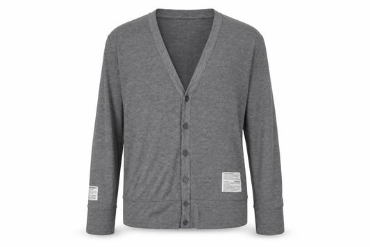 Front view of Real Words Product Men's Grey Large V-Neck Button Cardigan