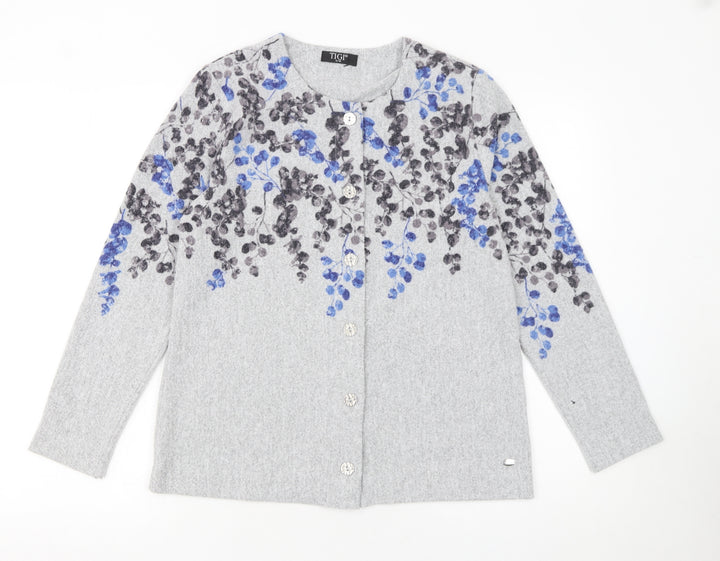 TIGI Women’s Grey Floral Knit Button Cardigan Size 8