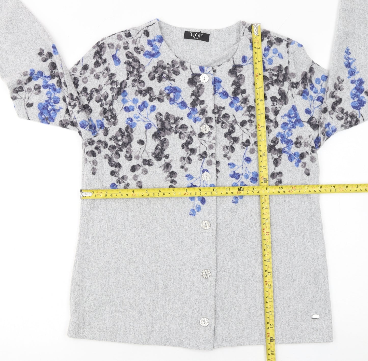 TIGI Women’s Grey Floral Knit Button Cardigan Size 8