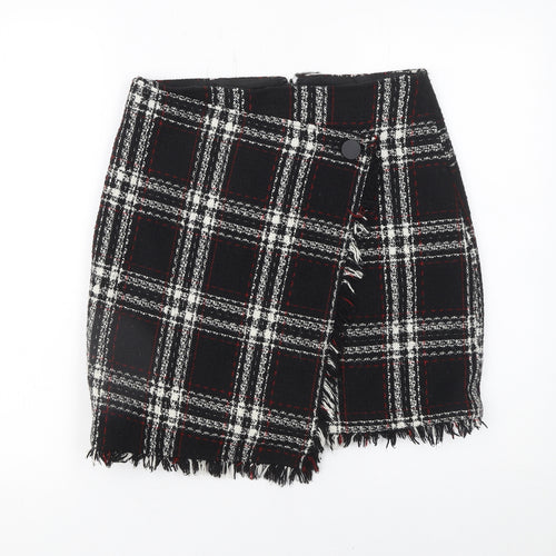 Warehouse Women Black Plaid Wrap Mini Skirt Size 10 Tweed Fringe Detail