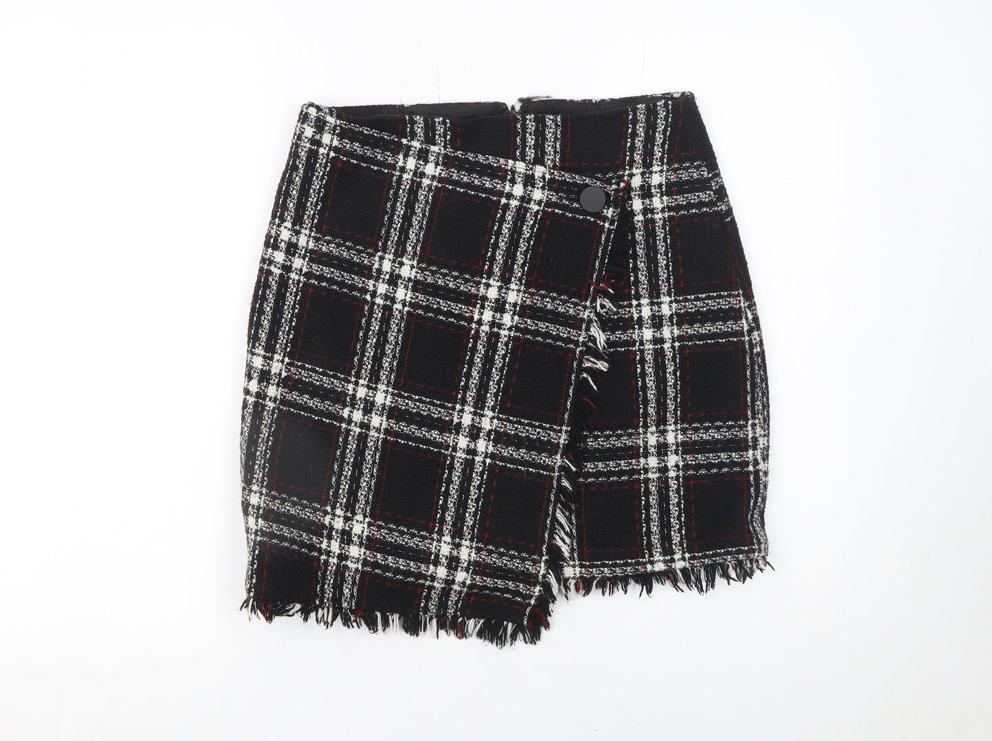 Warehouse Women Black Plaid Wrap Mini Skirt Size 10 Tweed Fringe Detail