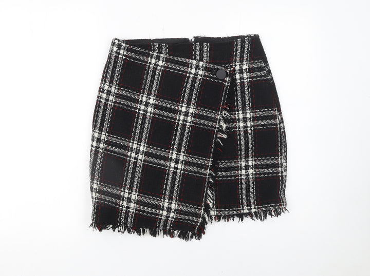 Warehouse Women Black Plaid Wrap Mini Skirt Size 10 Tweed Fringe Detail