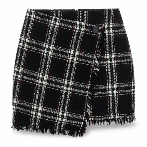 Warehouse Women Black Plaid Wrap Mini Skirt Size 10 Tweed Fringe Detail