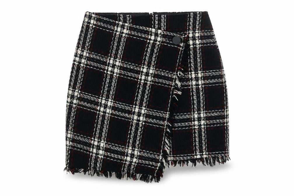 Warehouse Women Black Plaid Wrap Mini Skirt Size 10 Tweed Fringe Detail