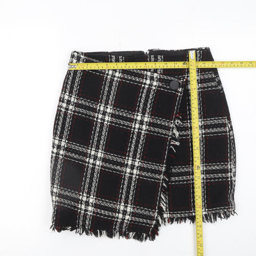 Warehouse Women Black Plaid Wrap Mini Skirt Size 10 Tweed Fringe Detail