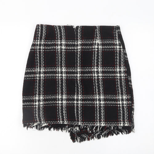 Warehouse Women Black Plaid Wrap Mini Skirt Size 10 Tweed Fringe Detail