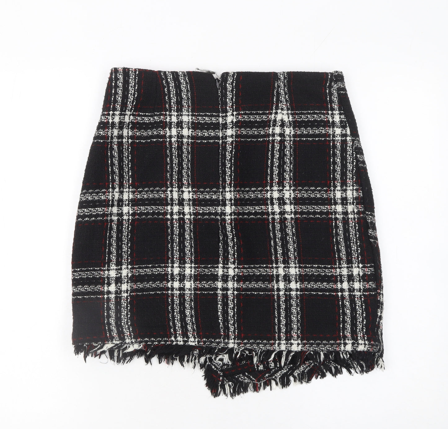 Warehouse Women Black Plaid Wrap Mini Skirt Size 10 Tweed Fringe Detail