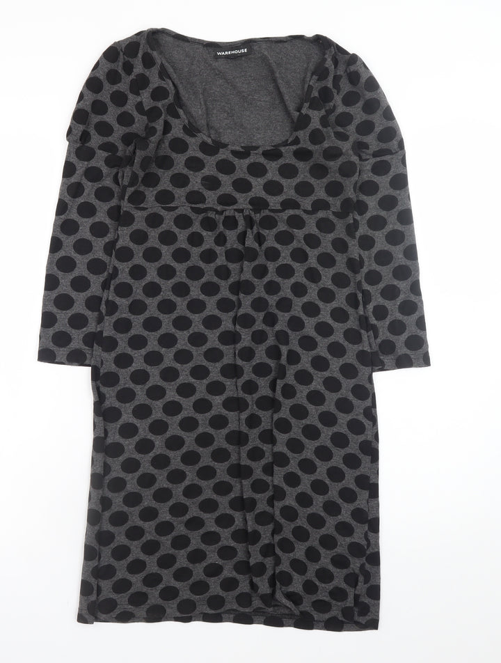 Warehouse Women Grey Polka Dot Bodycon Dress Size 8 Long Sleeve