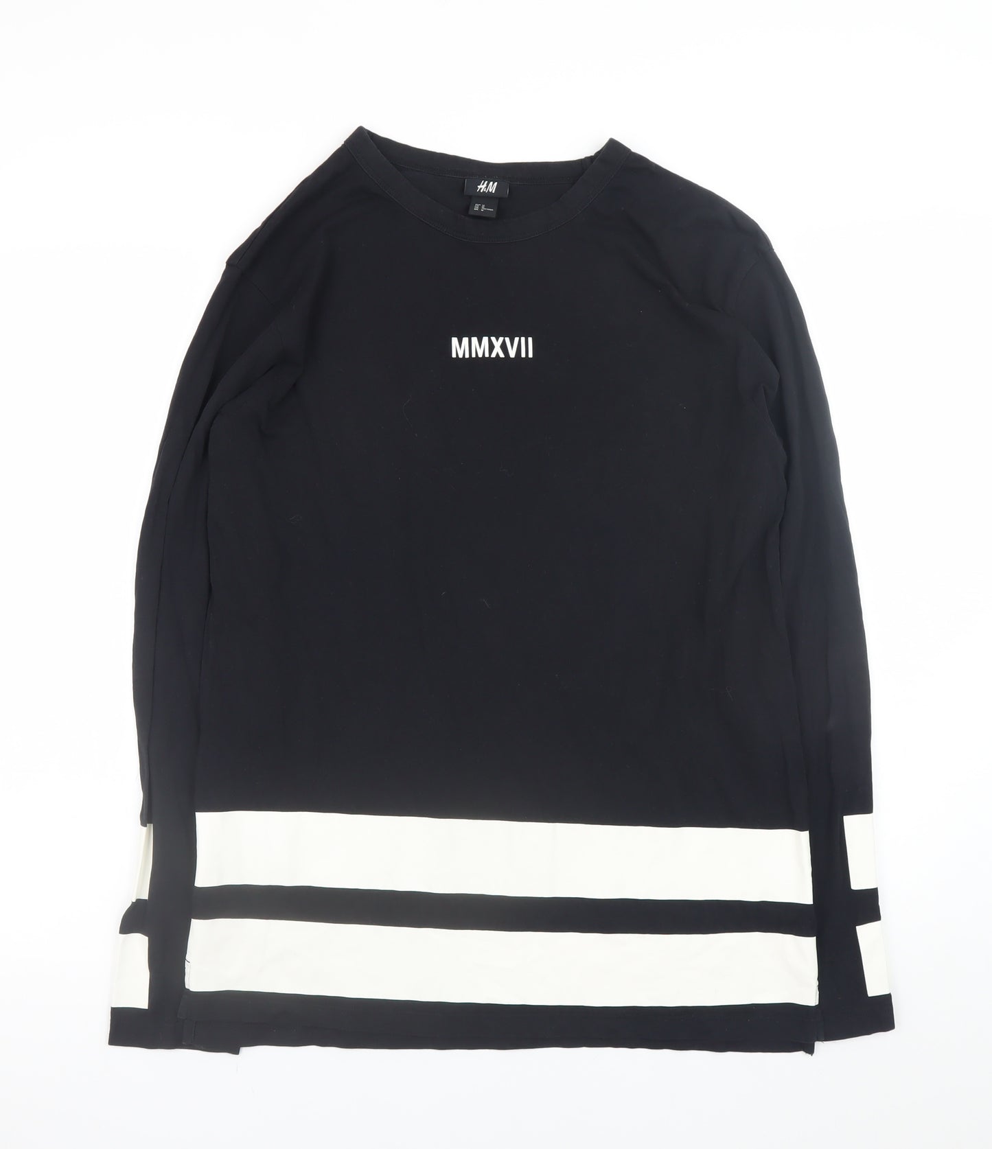 H&M Men's Black Long Sleeve Colourblock Cotton T-Shirt Size M